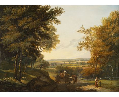 GERMAN 2nd h. of 19th c. Landscape with a horse-drawn carriage Oil on canvas (relined). 33 x 44 cm (F. 46 x 57 cm). Rest. Fra
