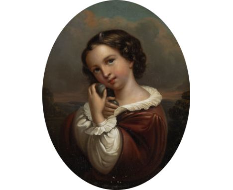 STOCKMANN-PORTRAIT 'MÄDCHEN MIT PFLAUMEN' Deutsch, Braunschweig, Stockmann, um 1830 Öl-Lackmalerei auf Weißmetall. 19 x 16 cm