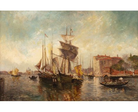 ENGLISH PAINTOR Active 2nd half of 19th c. Sailing ships and gondolas in the harbour of Venice Oil on canvas. 51 x 77 cm (F. 
