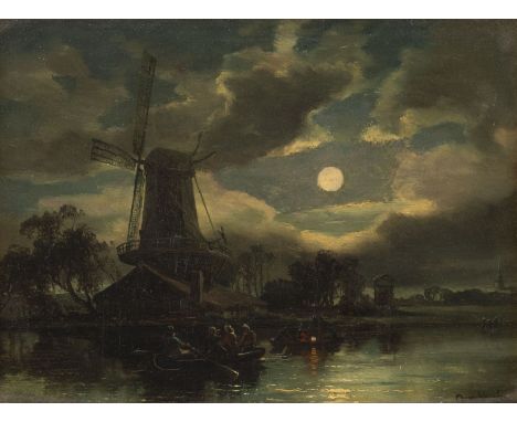 AUGUST VON WILLE 1829 Kassel - 1887 Duesseldorf Night crossing Oil on wood. 17 x 22,5 cm (F. 41 x 46 cm). Signed lower right 
