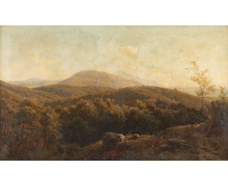 DUESSELDORF SCHOOL 19th century Romantic landscape with a hunter Oil on canvas. 45 x 75 cm (F. 52 x 82 cm). Soiled, rest. Fra