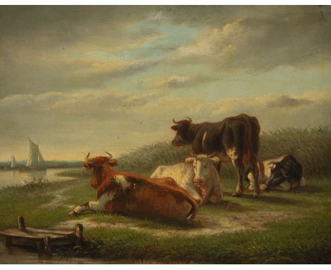 P.L. VAN KUYK Dutch paintet, active 2nd h. 19th C. Cows on pasture Oil on canvas on panel. 41 x 50 cm (F. 52 x 63 cm). Indist