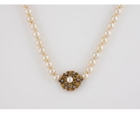 PERL-COLLIER MIT DIAMANTSCHLIESSE Gelbgold, Weißgold. L. 83,5 cm, Ges.-Gew. ca. 70,4 g. Geprüft 14 K. D. der Perlen jeweils c