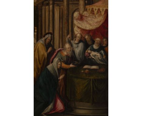GERMAN-DUTCH SCHOOL OF THE PROBABLY 16TH CENTURY CIRCUMCISION OF JESUS Oil on hardwood panel. 60 x 39 cm (F. 70 x 49,5 cm). P