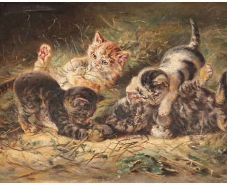 GERMAN 2nd h. 19th c. Playing kittens Oil on canvas (maroufl.). 40 x 51 cm (F. 56 x 66 cm). Verso: Inscribed. Slightly wavy. 