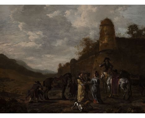 DUTCH SCHOOL OF THE 17TH CENTURY HUNTING PARTY SETTING OUT Oil on oak panel. 49 cm x 64,5 cm (F. 80 cm x 96 cm). Verso: Woode