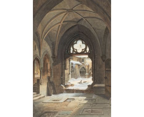 MONOGRAMMIST 'M.G.' Active at the end of the 19th c. INTERIOR OF A CHAPEL WITH VIEW ON A SNOW-COVERED MONASTERY YARD Watercol