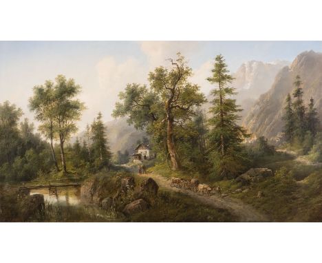 EDUARD BOEHM 1830 - 1890 Alpine Scene in Bavaria Oil on canvas (relined). 53 x 93 cm (F. 66 x 107 x 7 cm). Signed lower left 