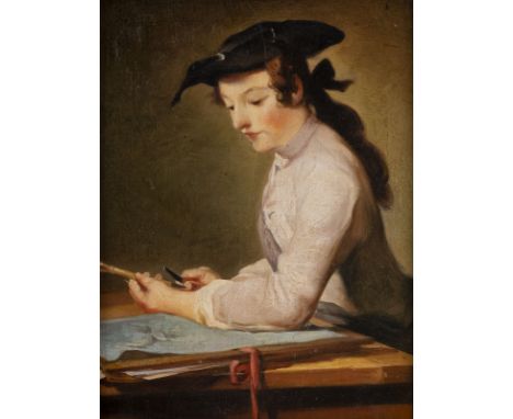 FOLLOWER OF JEAN-BAPTISTE SIMÉON CHARDIN 1699 Paris - 1779 Ibid THE DRAUGHTSMAN (LE DESSINATEUR) Oil on wood panel. 26,5 x 20