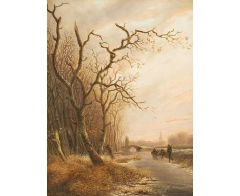 ANDREAS SCHELFHOUT (ATTR.) 1787 The Hague - 1870 The Hague Winter landscape with a frozen river Oil on wood. 30,5 x 24,5 cm (