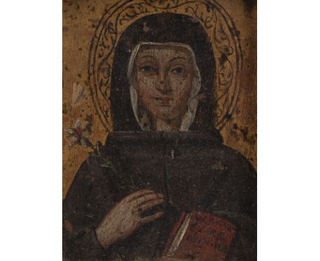 NORTHERN ITALIAN OR ALPINE SCHOOL, 17TH C. MOTHER OF GOD HOLDING A LILY AND THE HOLY SCRIPTURE IN HER HANDS Oil on copper. 9,