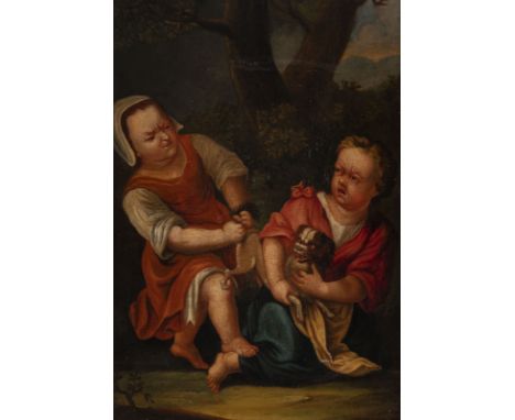 ENGLISH SCHOOL OF THE 18TH CENTURY PAIR OF PAINTINGS: SCUFFLING BOYS AND GIRLS Each: Oil on canvas (relined). Both each: 76 x