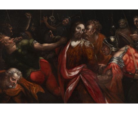 FLEMISH/DUTCH SCHOOL Master, active 17th century. THE MOCKING OF CHRIST Oil on oak panel, parqueted. 54 x 78 cm (F. 82 x 101 