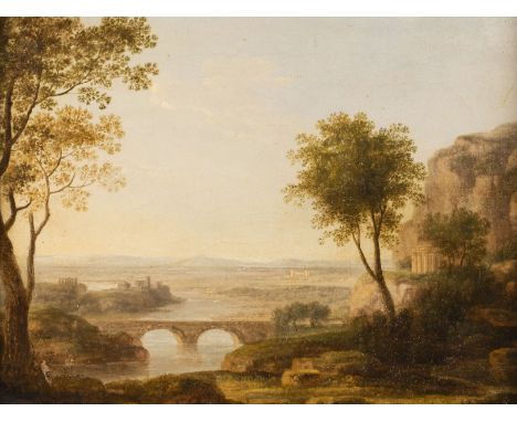 ATTRIBUTED TO JACOB DE HEUSCH 23 November 1656 Utrecht - 8 May 1701 Amsterdam WIDE LANDSCAPE WITH A BRIDGE AND A TEMPIETTO Oi