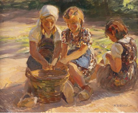MAX BERGMANN 1884 Fuerstenberg/Oder - 1955 Haimhausen Children weaving baskets Oil on canvas. 66 x 81 cm (F. 74 x 89 cm). Sig