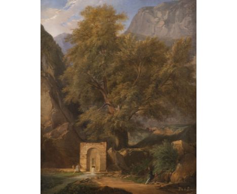 ANDREAS PIC DE LEOPOLD 1789 Lviv - 1860 Madrid Romantic landscape with travellers at a fountain Oil on canvas. 42 x 36 cm (F.