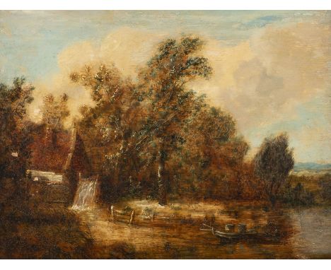 IN THE MANNER OF MEINDERT HOBBEMA 1638 Amsterdam - 1709 ibid. MILL BY THE BROOK Oil on oak panel. 25 x 33 cm (F. 35 x 43 cm).