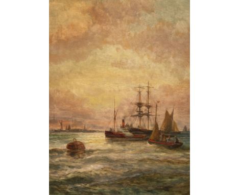 CHARLES THORNELEY (ATTR.) ('Charles Thornley') act. 1858 - 1898 Harbour landscape at sunset Oil on canvas. 41 x 32 cm (F. 67 