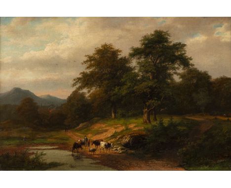 CAESAR BIMMERMAN 1821 Eupen - 1890 Duesseldorf Forest landscape with herdsmen and cattle Oil on canvas (relined). 41 x 62 cm 