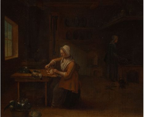 DUTCH SCHOOL OF THE LATE 18TH CENTURY KITCHEN INTERIOR WITH PEASANTWOMEN PLUCKING FEATHERS AND COOKING Oil on oak panel. 32 x
