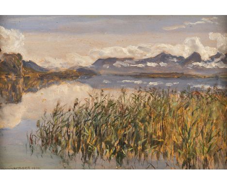 ADOLF HELMBERGER 1885 St. Gilgen - 1967 St.Gilgen View of the Wolfgangsee (1930) Oil on cardboard. Visible size 18,7 x 28,5 c