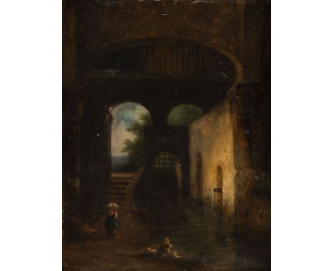 GERMAN 1st h. 19th c. Laundresses at the spring Oil on canvas (relined). 27 x 21,5 cm (F. 43 x 38,5 cm). Partly abraded, soil