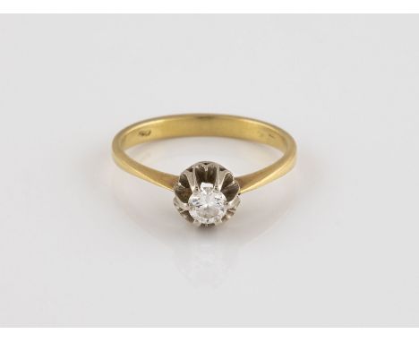 DIAMANT-RING Gelbgold, Weißgold. Ringmaß ca. 53, Ges.-Gew. ca. 2,8 g. Schiene geprüft 18 K. Ein Brillant, ca. 0,24 ct.
