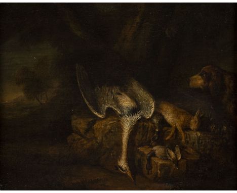 FLEMISH HUNTING PAINTER OF THE 18TH CENTURY LANDSCAPE WITH HUNTING DOG, DUCK, GREY HERON AND DEAD HARE Oil on oak panel. 29 x