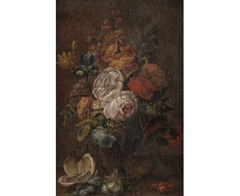 SOUTH GERMAN-AUSTRIAN SCHOOL OF THE 18TH CENTURY FLOWERS IN AN AMPHORA VASE ON A TABLE DECORATED WITH STRAWBERRIES AND BLOSSO