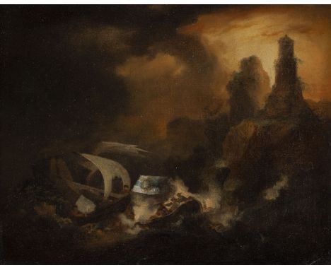 GERMAN-DUTCH SCHOOL OF THE EARLY 18TH CENTURY SHIPWRECK IN A STORMY SEA NEAR THE COAST Oil on canvas (old relined). 38 x 45 c