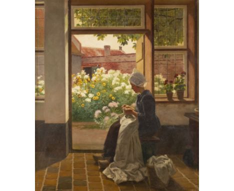 PETER PULM 1882 Duesseldorf - 1960 ibid. Young Dutch woman in front of a flowering garden Oil on canvas. 82 x 72 cm (F. 100 x
