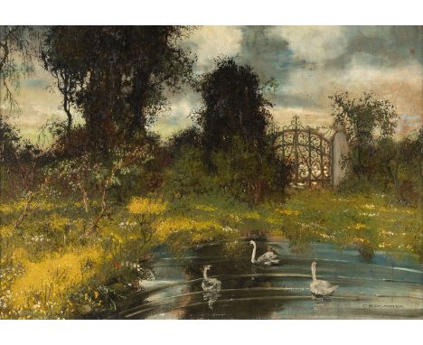 CARL STRATHMANN 1866 - 1939 View of an old park with a pond and swans Oil on cardboard. 70 x 100 cm (F. 78 x 107 cm). Signed 
