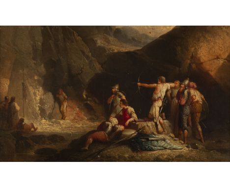 FRENCH 1st h. 19th c. Resting warriors practising archery Oil on canvas. 32 x 52 cm (F. 53 x 73 cm). Part. min. dam., rest. F