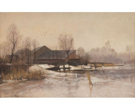 WALTER MORAS 1856 Berlin - 1925 Harzburg LANDSCAPE WITH GRANGE NEAR RUMMESLBURG IN WINTER Oil on paper/cardboard. Visible siz
