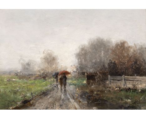 ANTON WINDMAIER 1840 Pfarrkirchen - 1896 Munich Village street in the rain with walkers Oil on wood panel. 24,5 x 35,5 cm (F.