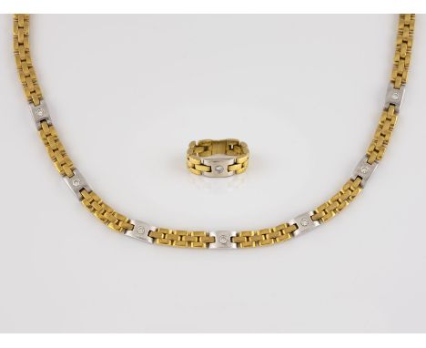 SCHMUCK-SET 2-tlg. Gelbgold, Weißgold. Ges.-Gew. zus. ca. 47,5 g. Beide Stücke geprüft oder gest. 18 K (750). 1) Ketten-Ring 