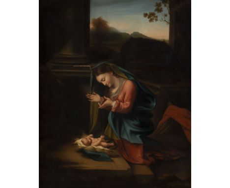 FOLLOWER OF ANTONIO DA CORREGGIO 1489 Correggio - 1534 Ibid MARIA, ADORING THE CHILD Oil on canvas. 83.5 x 68.5 cm (F. 113 x 