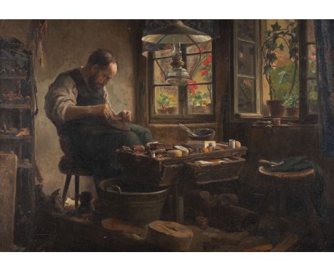 GUSTAV SALINGRÉ 1878 - ? In the shoemaker's workshop Oil on canvas. 71 x 102 cm (F. 92 x 122 cm). Indistinctly signed lower r