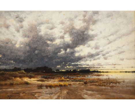 LUDWIG NEUBERT ('Louis Neubert') 1846 - 1892 Wide landscape at sunset Oil on wood. 18 x 27,5 cm (R. 30 x 40 cm). Signed lower