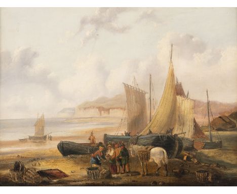 BRITISH Mid 19th c. Coastal landscape with boats and figures with a fish seller Oil on canvas. 30 x 40 cm (F. 36 x 46 cm). Ve
