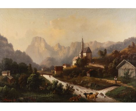 GUIDO HAMPE (ATTR.) 1839 - 1902 Alpine landscape with a church Oil on canvas. 69 x 98 cm (F. 91 x 121 cm). Signiert 'Hampe'. 