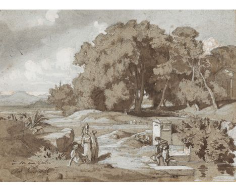 JEAN-ACHILLE BENOUVILLE 1815 Paris - 1891 ibidem AT THE RIVER Watercolours and gouache over pencil on paper. Visible size 25 
