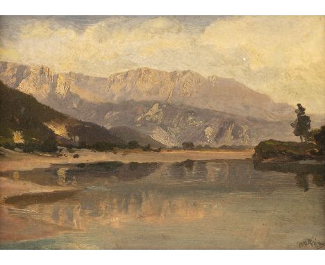 KARL HEYN 1834 - 1906 Study of a mountain lake Oil on cardboard. 18 x 25 cm (F. 28 x 35 cm). Indistinctly signed lower right.