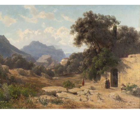 CARL ROETTEKEN 1831 Lemgo - 1900 ibid. Italian summer landscape with staffage Oil on canvas, maroufl. on hardboard. 49 x 68 c