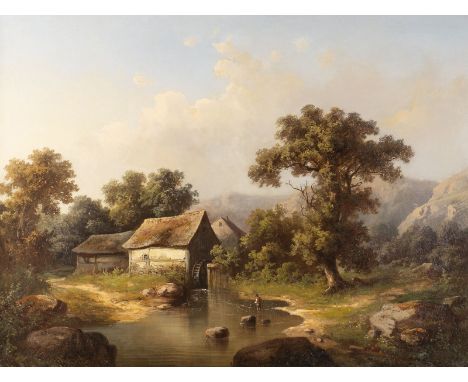 GUIDO HAMPE 1839 Berlin - 1891 ibid. Landscape with a water mill Oil on canvas (doubl.). 79 x 106 cm (F. 91 x 117 cm). Signed