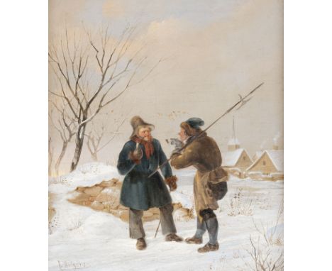 CALL HILGERS 1818 Duesseldorf - 1890 ibid. Meeting on a winterly rural road Begegnung auf der winterlichen Landstrasse Oil on