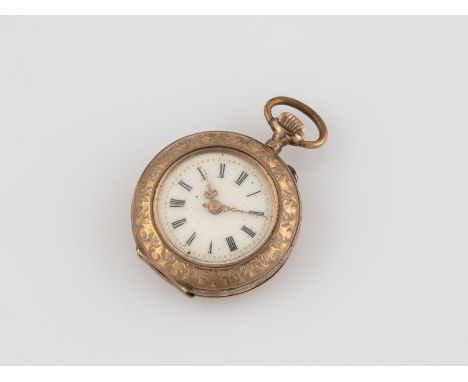 TASCHENUHR Rotgold, Metall (Staubdeckel). D. 2,8 cm, Ges.-Gew. ca. 18,3 g. Geprüft 8 K. Helles Zifferblatt mit römischen Ziff