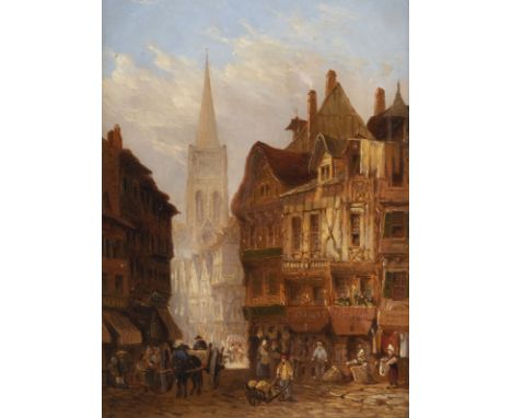 MONOGRAMIST 'JB' Active 19th c. Street view with staffage Oil on strong cardboard. 30,5 x 22,5 cm (F. 44 x 36,5 cm). Monogram