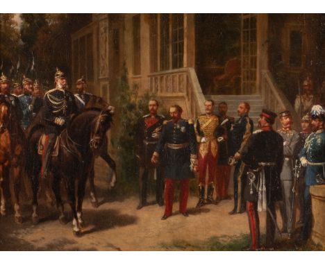 GERMAN Active around 1870/1880 Napoleon III surrenders to Emperor William of Prussia after the Battle of Sedan Oil on canvas.