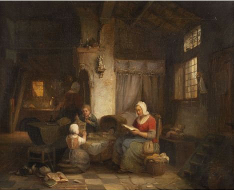 DUTCH 2nd h. 19th c. Genre scene in an interior Oil on canvas (relined). 35,5 x 46,5 cm (R. 51 x 61 cm). Hardly legible signe